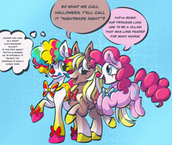 Size: 1966x1668 | Tagged: safe, artist:cupute, pinkie pie, oc, oc:french fry grease, horse, pony, mlp fim's fourteenth anniversary, big ears, black eye, blue background, bowtie, brown coat, clothes, clown, clown (wild manes), clown makeup, clown nose, curly hair, curly mane, curly tail, cute, diapinkes, eyelashes, face paint, flowing hair, flowing mane, flowing tail, gradient hooves, gradient muzzle, green eyes, height difference, implied nightmare moon, implied princess luna, meme, multicolored hair, nightmare night, pink coat, pink mane, rainbow hair, red nose, reference to another series, shoes, silly, silly pony, simple background, speech bubble, tail, talking, text, trio, trotting, white coat, wild manes, wild manes on roblox, yellow mane