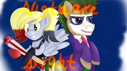 Size: 1920x1080 | Tagged: safe, artist:jbond, derpy hooves, doctor whooves, time turner, earth pony, pegasus, pony, g4, alternate hair color, alternate hairstyle, baseball bat, clothes, cosplay, costume, dc comics, duo, female, halloween, halloween costume, harley quinn, holiday, joker (2019), male, nightmare night, text