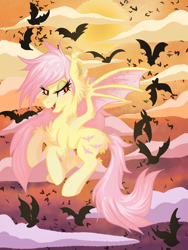 Size: 1800x2400 | Tagged: safe, artist:annuthecatgirl, fluttershy, bat, bat pony, pegasus, g4, bat ponified, cloud, flutterbat, flying, halloween, holiday, outdoors, race swap, sky, solo, sunset