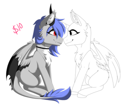 Size: 3600x3038 | Tagged: safe, artist:melodytheartpony, oc, oc only, oc:melody silver, dracony, dragon, hybrid, any character, any gender, choker, commission, duo, ear piercing, facing each other, female, feral, happy, looking at each other, looking at someone, mare, piercing, red eyes, short mane, signature, simple background, sitting, smiling, spread wings, white background, wings, your character here