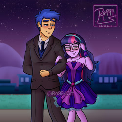 Size: 3500x3500 | Tagged: safe, artist:ro994, flash sentry, sci-twi, twilight sparkle, human, equestria girls, g4, absurd resolution, bare shoulders, blushing, breasts, clothes, couple, dancing, date, digital art, dress, duo, duo male and female, female, gentleman, glasses, male, necktie, night, outdoors, outfit, redraw, ship:flashlight, ship:sci-flash, shipping, signature, sleeveless, slow dancing, straight, strapless, suit, watermark