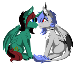 Size: 3600x3038 | Tagged: oc name needed, safe, alternate version, artist:melodytheartpony, oc, oc only, oc:melody silver, alicorn, dracony, dragon, hybrid, choker, commission, duo, ear piercing, facing each other, female, feral, happy, long mane, looking at each other, looking at someone, piercing, red eyes, short mane, signature, simple background, sitting, smiling, spread wings, white background, wings, ych result, your character here