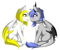 Size: 3600x3038 | Tagged: oc name needed, safe, alternate version, artist:melodytheartpony, oc, oc only, oc:melody silver, alicorn, dracony, dragon, hybrid, choker, commission, duo, ear piercing, facial hair, facing each other, female, feral, happy, horn, looking at each other, looking at someone, male, moustache, piercing, red eyes, short mane, signature, simple background, sitting, smiling, spread wings, white background, wings, ych result, your character here