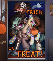 Size: 2600x3000 | Tagged: safe, artist:gicme, oc, oc only, oc:nyash, oc:techie ellux, bat pony, pegasus, pony, bandage, blood, bloody knife, bodypaint, candy, clothes, collar, costume, female, food, halloween, halloween costume, holiday, hoodie, jack-o-lantern, knife, male, mask, pumpkin, scream mask, trick or treat, trio