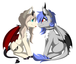 Size: 3600x3038 | Tagged: oc name needed, safe, alternate version, artist:melodytheartpony, oc, oc only, oc:melody silver, dracony, dragon, hybrid, succubus, choker, commission, duo, ear piercing, facing each other, female, feral, happy, horns, looking at each other, looking at someone, piercing, red eyes, short mane, signature, simple background, sitting, smiling, spread wings, white background, wings, ych result, your character here