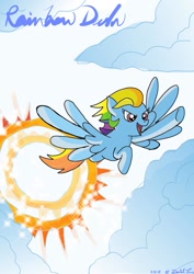 Size: 724x1024 | Tagged: safe, artist:davidtomasun, rainbow dash, pegasus, pony, g4, cloud, flying, signature, solo, sonic rainboom