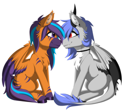 Size: 3401x3038 | Tagged: safe, alternate version, artist:melodytheartpony, oc, oc only, oc:melody silver, oc:neon lightning, alicorn, dracony, dragon, hybrid, pegasus, zebra, choker, commission, duo, ear piercing, facing each other, female, feral, happy, long mane, looking at each other, looking at someone, male, piercing, red eyes, short mane, signature, simple background, sitting, smiling, spread wings, white background, wings, ych result, your character here