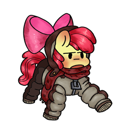 Size: 1514x1565 | Tagged: safe, artist:koidial, apple bloom, earth pony, pony, g4, adorabloom, apple bloom's bow, blushing, bomber jacket, bow, bundled up for winter, clothes, cute, dot eyes, ear blush, eye clipping through hair, female, filly, foal, freckles, hair bow, hood, jacket, open mouth, pink bow, puffer jacket, raised hoof, red mane, red tail, scarf, shiny mane, shiny tail, simple background, solo, tail, transparent background, walking, yellow coat