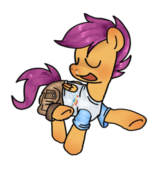 Size: 1514x1565 | Tagged: safe, artist:koidial, scootaloo, pegasus, pony, g4, blushing, cargo shorts, clothes, cute, cutealoo, ear blush, eyes closed, female, filly, foal, folded wings, hoof blush, open mouth, open smile, orange coat, purple mane, purple tail, rainbow dash's cutie mark, raised hoof, raised leg, shiny mane, shiny tail, shirt, shorts, simple background, smiling, snot, solo, t-shirt, tail, three quarter view, transparent background, walking, wings