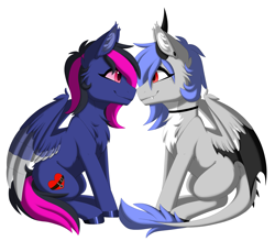 Size: 3471x3038 | Tagged: oc name needed, safe, alternate version, artist:melodytheartpony, oc, oc only, oc:melody silver, alicorn, dracony, dragon, hybrid, pegasus, amputee, artificial wings, augmented, choker, commission, duo, ear piercing, facing each other, female, feral, happy, long mane, looking at each other, looking at someone, mare, piercing, prosthetic limb, prosthetic wing, prosthetics, red eyes, short mane, signature, simple background, sitting, smiling, spread wings, white background, wings, ych result, your character here