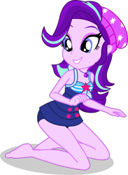 Size: 2793x3822 | Tagged: safe, alternate version, artist:dustinwatsongkx, starlight glimmer, human, equestria girls, g4, my little pony equestria girls: better together, x marks the spot, accessory swap, bare arms, bare legs, bare shoulders, barefoot, beanie, clothes, clothes swap, eyeshadow, feet, female, geode of telekinesis, grin, hat, high res, jewelry, kneeling, magical geodes, makeup, necklace, one-piece swimsuit, sandals, sci-twi swimsuit, shadow, simple background, sleeveless, smiling, solo, swimsuit, swimsuit swap, teeth, transparent background