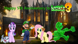 Size: 1920x1080 | Tagged: safe, artist:dashiesparkle, artist:meganlovesangrybirds, artist:user15432, fluttershy, starlight glimmer, human, pegasus, pony, unicorn, g4, anniversary, bow, crossover, ghost dog, gooigi, hair bow, happy anniversary, haunted mansion, horn, looking at you, luigi, luigi's mansion, luigi's mansion 3, mansion, open mouth, open smile, outdoors, polterpup, smiling, super mario bros.