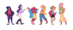 Size: 1920x799 | Tagged: safe, artist:cactiluna, applejack, fluttershy, pinkie pie, rainbow dash, rarity, twilight sparkle, human, g4, applejack's hat, bare midriff, boots, bracelet, cardigan, choker, chokershy, clothes, cowboy boots, cowboy hat, dark skin, denim, dress, ear piercing, earring, glasses, hair over one eye, hand in pocket, hand on hip, hat, humanized, jacket, jeans, jewelry, leg warmers, leggings, light skin, long dress, mane six, moderate dark skin, neckerchief, necklace, no catchlights, no pupils, pale skin, pants, piercing, ring, scarf, shoes, short hair rainbow dash, shorts, simple background, skirt, sneakers, socks, striped scarf, tan skin, vest, white background