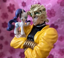 Size: 2048x1858 | Tagged: safe, artist:piissbug, rarity, pony, unicorn, g4, anime, dio brando, duo, figurine, horn, irl, jojo's bizarre adventure, photo, smiling, toy