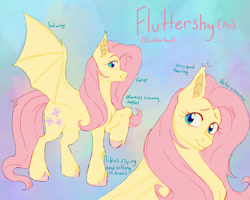 Size: 2000x1600 | Tagged: safe, artist:abbytabbys, part of a set, fluttershy, bat pony, pony, fanfic:broken destiny, g4, alternate universe, bat ponified, blue text, blush lines, blushing, broken destiny au, bust, colored eyebrows, colored hooves, colored pinnae, ear tufts, eyelashes, fangs, female, flutterbat, gradient background, heterochromia, hooves, long mane, long tail, looking back, mare, multiple angles, pink hooves, pink mane, pink tail, pink text, profile, race swap, raised hoof, reference sheet, smiling, solo, spread wings, standing, standing on three hooves, tail, three quarter view, transformed, unshorn fetlocks, wings, yellow coat