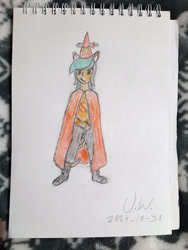 Size: 3024x4032 | Tagged: safe, artist:pink amena, lyra heartstrings, human, mlp fim's fourteenth anniversary, g4, catgirl, clothes, colored pencil drawing, costume, humanized, knife, night in the woods, nightmare night costume, solo, traditional art, witchdagger