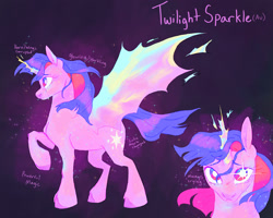 Size: 2000x1600 | Tagged: safe, artist:abbytabbys, twilight sparkle, alicorn, pony, fanfic:broken destiny, g4, alternate cutie mark, alternate universe, artificial horn, artificial wings, augmented, broken destiny au, colored eyebrows, colored hooves, corrupted, corrupted twilight sparkle, crying, ethereal body, ethereal horn, ethereal mane, ethereal tail, ethereal wings, eyelashes, female, flowing mane, flowing tail, frown, glowing, glowing body, glowing cutie mark, glowing eyes, glowing horn, glowing mane, glowing wings, gradient background, hooves, horn, looking at you, magic, magic eyes, magic horn, magic wings, mare, multicolored eyes, multiple angles, profile, purple coat, purple hooves, purple tail, purple text, raised hoof, reference sheet, solo, sparkles, sparkly body, sparkly coat, sparkly mane, sparkly tail, standing, standing on three hooves, tail, three toned eyes, three toned mane, transformed, twilight sparkle (alicorn), unshorn fetlocks, unstable magic, white pupils, wings