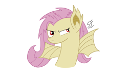 Size: 2736x1695 | Tagged: safe, artist:solemnfutury, fluttershy, bat pony, pony, mlp fim's fourteenth anniversary, g4, angry, bat ponified, eyeshadow, female, flutterbat, horn, killer instinct, makeup, mare, race swap, simple background, solo, white background, wings