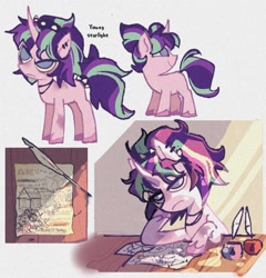 Size: 1403x1461 | Tagged: safe, artist:disaterror, starlight glimmer, pony, unicorn, g4, big eyes, blood, blue eyes, bruised, colored hooves, curved horn, drawing, ear piercing, edgelight glimmer, feather pen, female, filly, filly starlight glimmer, foal, frown, head on hoof, hooves, horn, injured, jewelry, narrowed eyes, necklace, no catchlights, no pupils, paper, piercing, pigtails, pink coat, pink hooves, profile, quill pen, scrapes, simple background, sitting, smiling, solo, spiked headband, spiked tail band, standing, table, tail, tail band, teenager, three quarter view, three toned mane, three toned tail, tied mane, white background, wooden table, written equestrian, younger