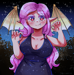 Size: 2857x2886 | Tagged: safe, artist:mylittleyuri, fluttershy, bat pony, human, g4, bat ponified, blushing, breasts, busty fluttershy, cleavage, clothes, cute, dress, elf ears, fangs, female, flutterbat, halloween, holiday, humanized, outdoors, race swap, shyabates, shyabetes, solo, winged humanization, wings