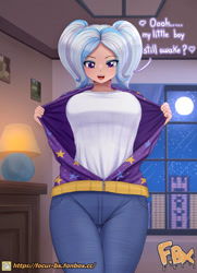 Size: 828x1143 | Tagged: safe, artist:focusb, trixie, human, g4, alternate hairstyle, babysitter trixie, breasts, busty trixie, city, cityscape, clothes, halloween, holiday, hoodie, humanized, indoors, lamp, moon, night, open mouth, pants, stars, window