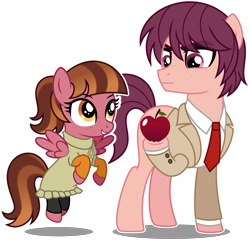 Size: 3130x3000 | Tagged: safe, artist:limedazzle, oc, oc only, oc:allen, oc:katherine, earth pony, pegasus, pony, apple, clothes, duo, duo male and female, female, filly, foal, food, freckles, male, necktie, simple background, stallion, sweater, transparent background