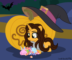 Size: 2130x1788 | Tagged: safe, artist:dianamur, artist:small-brooke1998, oc, oc only, oc:brooke, pony, unicorn, base used, candy, food, halloween, holiday, horn, nightmare night, solo