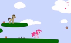 Size: 1250x750 | Tagged: safe, doctor whooves, pinkie pie, time turner, earth pony, pony, g4, collect cupcakes lick ponies, cupcake, female, flash game, food, male, mare, outdoors, platformer, stallion, youtube link