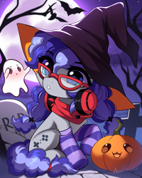 Size: 1406x1754 | Tagged: safe, artist:airiniblock, oc, oc only, oc:cinnabyte, bat, earth pony, ghost, pony, undead, unicorn, g4, clothes, commission, cute, earth pony oc, gravestone, halloween, headphones, headset, holiday, horn, moon, outdoors, pumpkin, raffle, sky, socks, solo, striped socks, tree, ych result