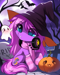 Size: 1406x1754 | Tagged: safe, artist:airiniblock, oc, oc only, oc:lillybit, bat, earth pony, ghost, pony, undead, unicorn, clothes, commission, cute, earth pony oc, gravestone, halloween, headphones, headset, holiday, horn, moon, outdoors, pumpkin, raffle, sky, socks, solo, striped socks, tree, ych result