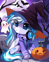 Size: 1406x1754 | Tagged: safe, artist:airiniblock, oc, oc only, oc:skydrive, bat, earth pony, ghost, pegasus, pony, undead, unicorn, clothes, commission, cute, earth pony oc, gravestone, halloween, headphones, headset, holiday, horn, moon, outdoors, pegasus oc, pumpkin, raffle, sky, solo, tree, ych result