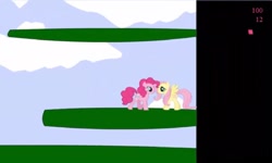 Size: 1251x750 | Tagged: safe, fluttershy, pinkie pie, earth pony, pegasus, pony, g4, collect cupcakes lick ponies, female, flash game, mare, outdoors, platformer, youtube link