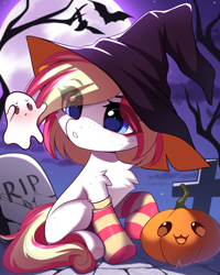 Size: 1406x1754 | Tagged: safe, artist:airiniblock, oc, oc only, oc:pilot light, bat, earth pony, ghost, pegasus, pony, undead, unicorn, clothes, commission, cute, earth pony oc, gravestone, halloween, headphones, headset, holiday, horn, moon, outdoors, pegasus oc, pumpkin, raffle, sky, socks, solo, striped socks, tree, ych result