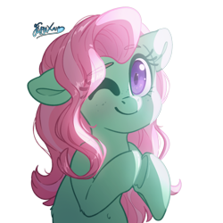 Size: 3000x3000 | Tagged: safe, artist:fluffyxai, minty, earth pony, pony, g3, female, looking at you, mare, one eye closed, simple background, smiling, solo, transparent background, wink