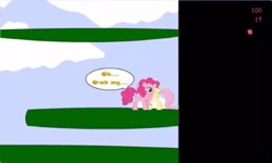 Size: 1251x750 | Tagged: safe, fluttershy, pinkie pie, earth pony, pegasus, pony, g4, collect cupcakes lick ponies, dialogue, female, flash game, lesbian, mare, outdoors, platformer, ship:flutterpie, shipping, youtube link