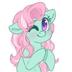 Size: 3000x3000 | Tagged: safe, artist:fluffyxai, minty, earth pony, pony, g3, female, looking at you, mare, one eye closed, simple background, smiling, solo, transparent background, wink