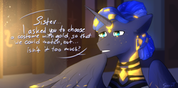 Size: 5008x2480 | Tagged: safe, artist:sinrinf, princess luna, alicorn, pony, mlp fim's fourteenth anniversary, g4, arcane, clothes, comic, costume, gold, indoors, jewelry, mel (league of legends), nightmare night, nightmare night costume, speech bubble