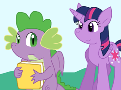 Size: 1009x756 | Tagged: safe, artist:cmara, spike, twilight sparkle, alicorn, dragon, pony, g4, book, female, male, outdoors, twilight sparkle (alicorn)