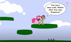 Size: 1251x750 | Tagged: safe, doctor whooves, pinkie pie, time turner, earth pony, pony, g4, collect cupcakes lick ponies, dialogue, female, flash game, male, mare, outdoors, platformer, stallion, youtube link