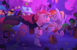 Size: 4096x2648 | Tagged: safe, artist:piesinful, applejack, pinkie pie, rainbow dash, earth pony, pegasus, pony, g4, bucket, candy, clothes, costume, duo focus, eye clipping through hair, fake blood, female, food, grin, halloween, halloween costume, holiday, looking at each other, looking at someone, mare, night, nightmare night, nightmare night costume, open mouth, open smile, outdoors, pirate costume, ponyville, prehensile mane, smiling, smiling at each other, vampire costume