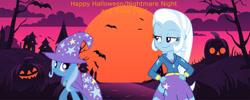 Size: 900x360 | Tagged: safe, artist:transformersfan2010, trixie, pony, unicorn, equestria girls, g4, halloween, holiday, horn, nightmare night, outdoors, trixie day