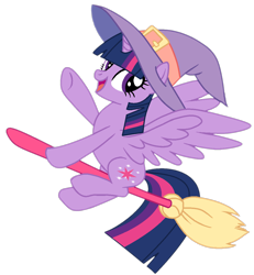 Size: 1080x1170 | Tagged: safe, artist:nerdy-pony, artist:twilyisbestpone, derpibooru exclusive, twilight sparkle, alicorn, pony, mlp fim's fourteenth anniversary, g4, base used, broom, clothes, costume, cute, female, flying, flying broomstick, halloween, halloween 2024, halloween costume, happy, hat, holiday, mare, nightmare night, open mouth, open smile, simple background, smiling, solo, transparent background, twiabetes, twilight sparkle (alicorn), witch, witch hat