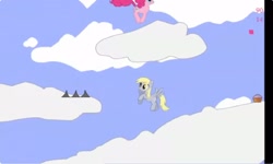 Size: 1252x750 | Tagged: safe, derpy hooves, pinkie pie, earth pony, pegasus, pony, g4, cloud, collect cupcakes lick ponies, cupcake, female, flash game, food, jumping, mare, outdoors, platformer, youtube link