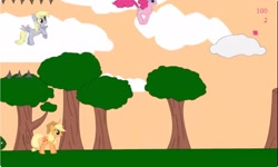 Size: 1252x750 | Tagged: safe, applejack, derpy hooves, pinkie pie, earth pony, pegasus, pony, g4, cloud, collect cupcakes lick ponies, female, flash game, jumping, mare, outdoors, platformer, tree, youtube link