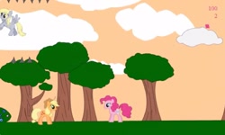 Size: 1252x750 | Tagged: safe, applejack, derpy hooves, pinkie pie, earth pony, pegasus, pony, g4, cloud, collect cupcakes lick ponies, female, flash game, mare, outdoors, platformer, tree, youtube link