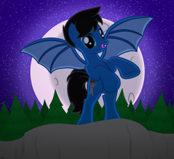 Size: 7200x6600 | Tagged: safe, artist:agkandphotomaker2000, oc, oc only, oc:pony video maker, bat pony, pony, g4, bat wings, bipedal, cliff, complex background, fangs, forest, halloween 2024, leaning, looking at you, moon, nature, night, nightmare night, outdoors, pegasus oc, pine tree, show accurate, solo, tree, wings