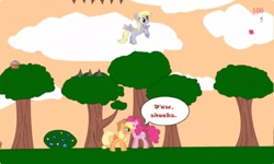 Size: 1252x750 | Tagged: safe, applejack, derpy hooves, pinkie pie, earth pony, pegasus, pony, g4, cloud, collect cupcakes lick ponies, dialogue, female, flash game, lesbian, mare, outdoors, platformer, ship:applepie, shipping, tree, youtube link