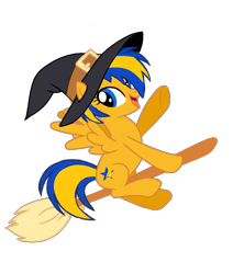 Size: 1198x1352 | Tagged: safe, artist:mlpfan3991, oc, oc only, oc:flare spark, pegasus, g4, broom, clothes, costume, female, flying, flying broomstick, halloween, halloween costume, hat, holiday, nightmare night costume, simple background, solo, transparent background, witch hat