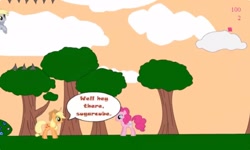 Size: 1252x750 | Tagged: safe, applejack, derpy hooves, pinkie pie, earth pony, pegasus, g4, cloud, collect cupcakes lick ponies, dialogue, female, flash game, platformer, tree, youtube link