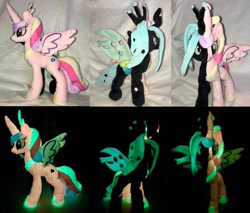 Size: 1280x1089 | Tagged: safe, artist:crazyditty, princess cadance, queen chrysalis, alicorn, changeling, changeling queen, pony, g4, disguise, disguised changeling, glow in the dark, irl, jewelry, photo, plushie, regalia